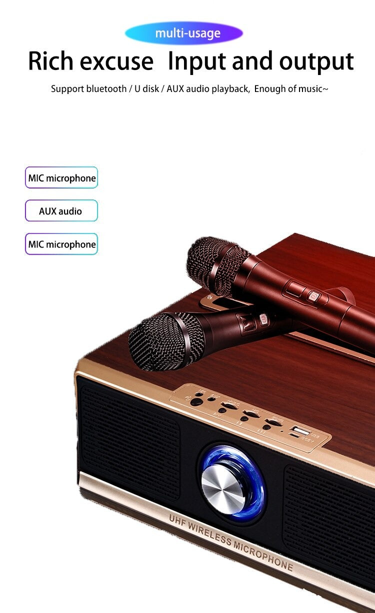 High-power home TV karaoke wooden bluetooth speaker stereo three-in-one with wireless dual microphone amplifier subwoofer audio High-power home TV karaoke wooden bluetooth speaker stereo three-in-one with wireless dual microphone amplifier subwoofer audio